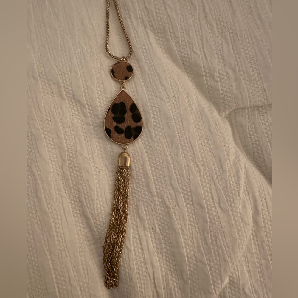 Leopard Print Gold Tassel Necklace